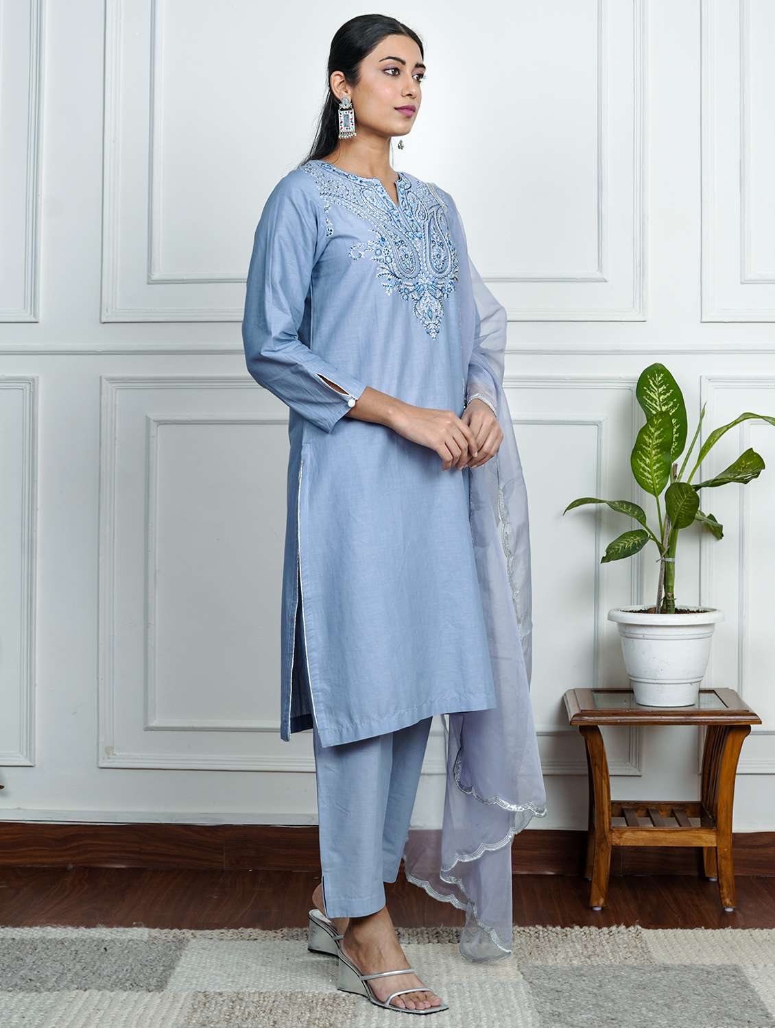women solid with work long sleeve kurta pant with dupatta set - 22185071 -  Standard Image - 1