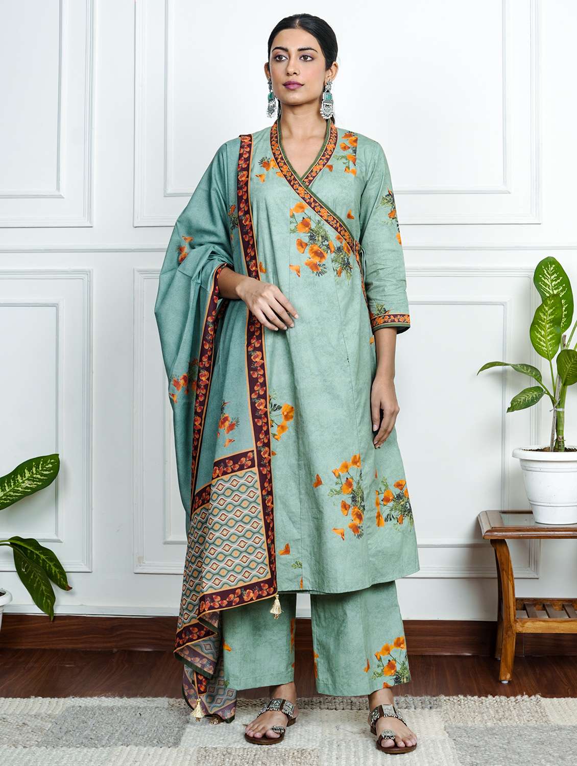 women floral printed three quarter sleeve kurta pant with dupatta set