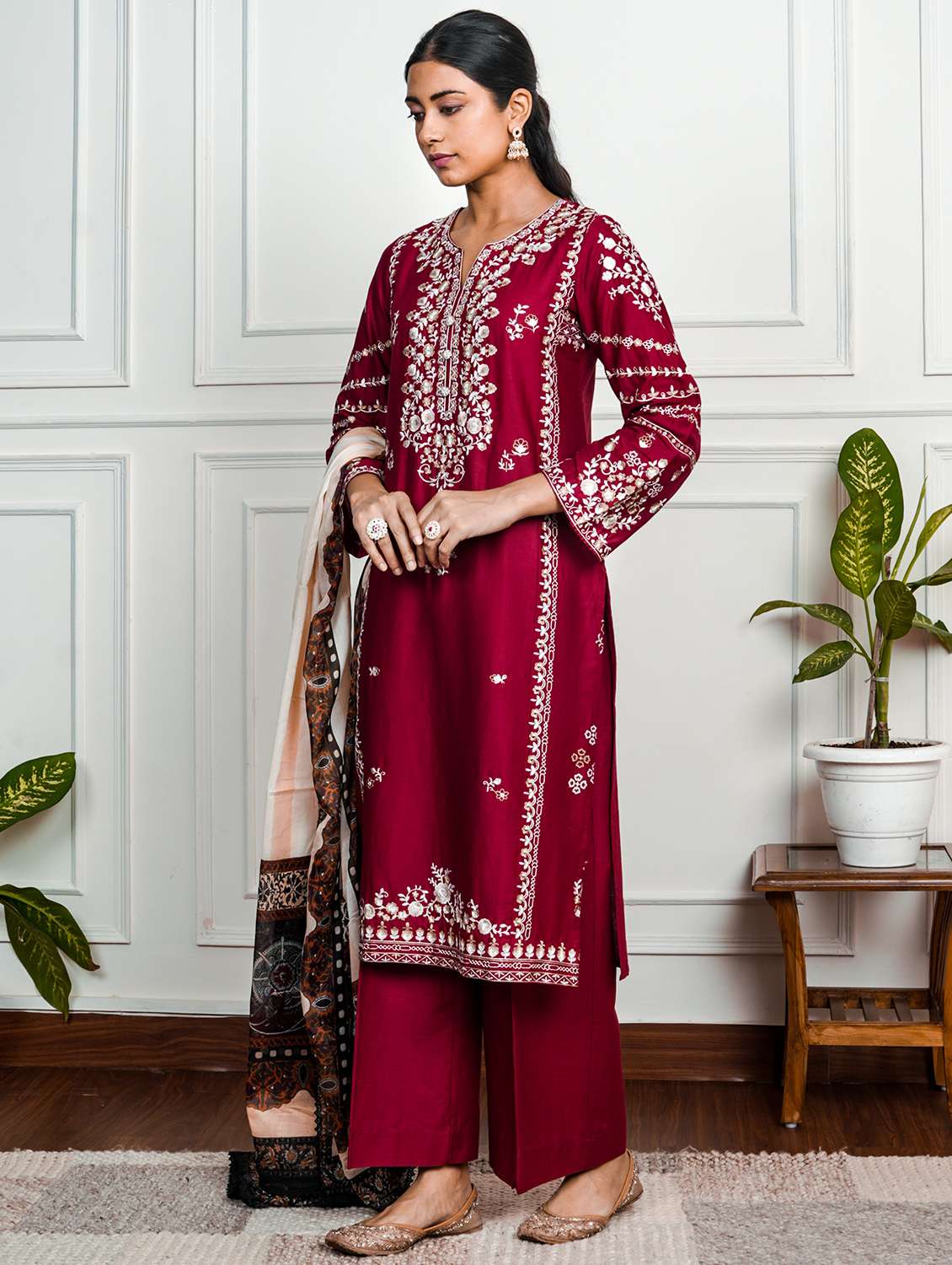 women solid with work long sleeve kurta pant with dupatta set - 22185078 -  Standard Image - 1