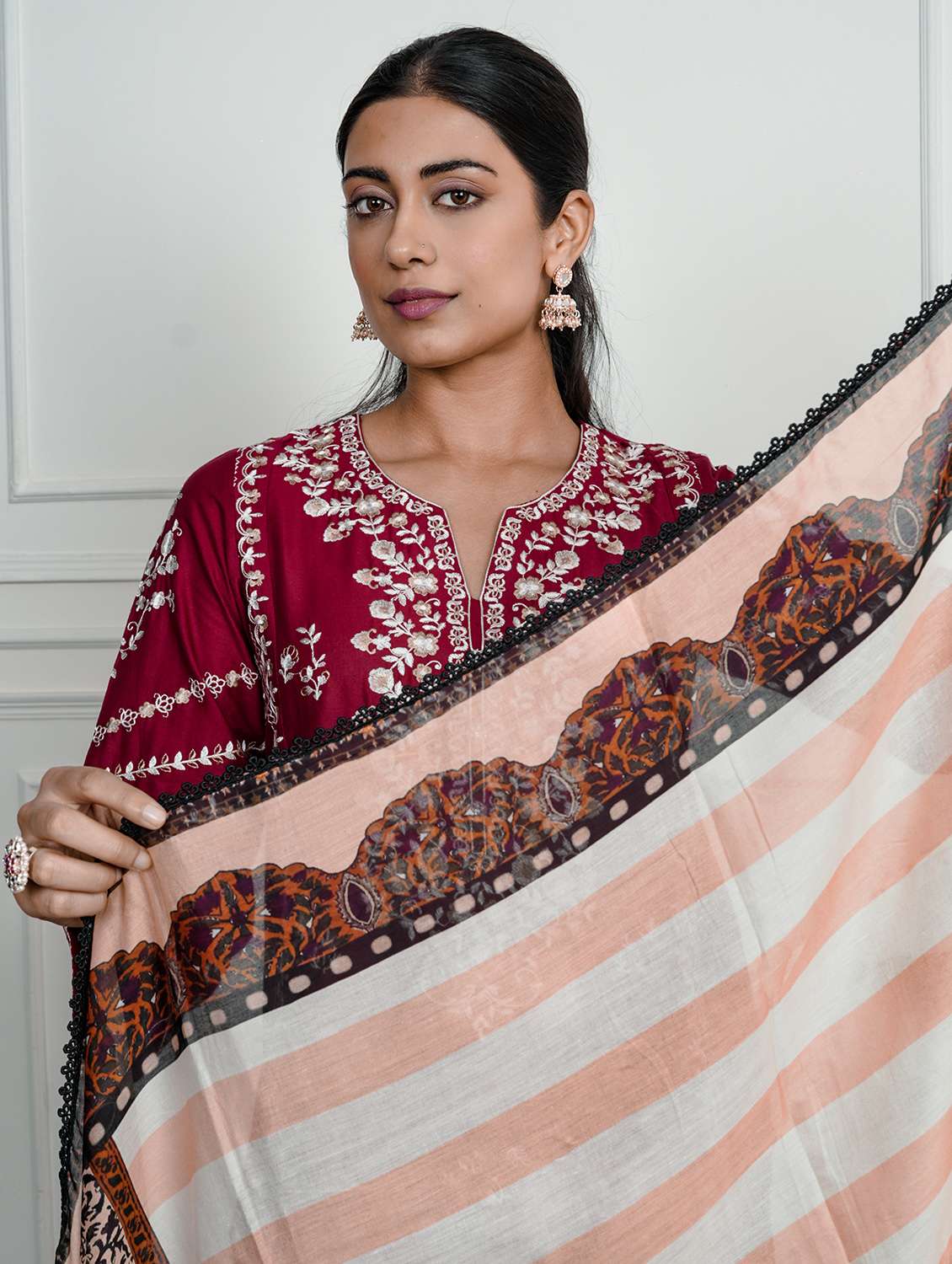 women solid with work long sleeve kurta pant with dupatta set - 22185078 -  Standard Image - 4