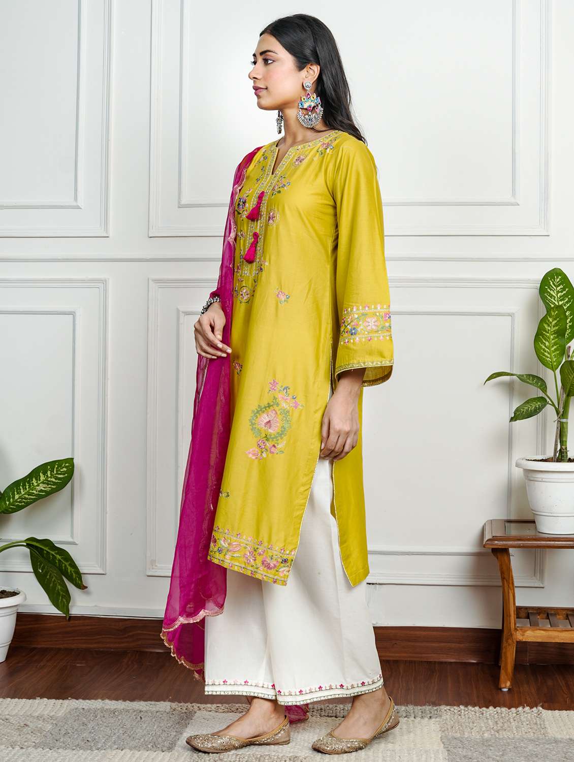 women solid with work long sleeve kurta pant with dupatta set - 22185079 -  Standard Image - 1