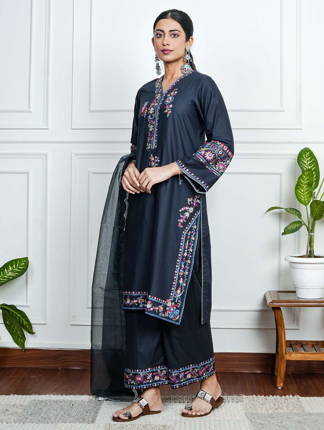 women solid with work long sleeve kurta pant with dupatta set - 22185080 -  Standard Image - 1