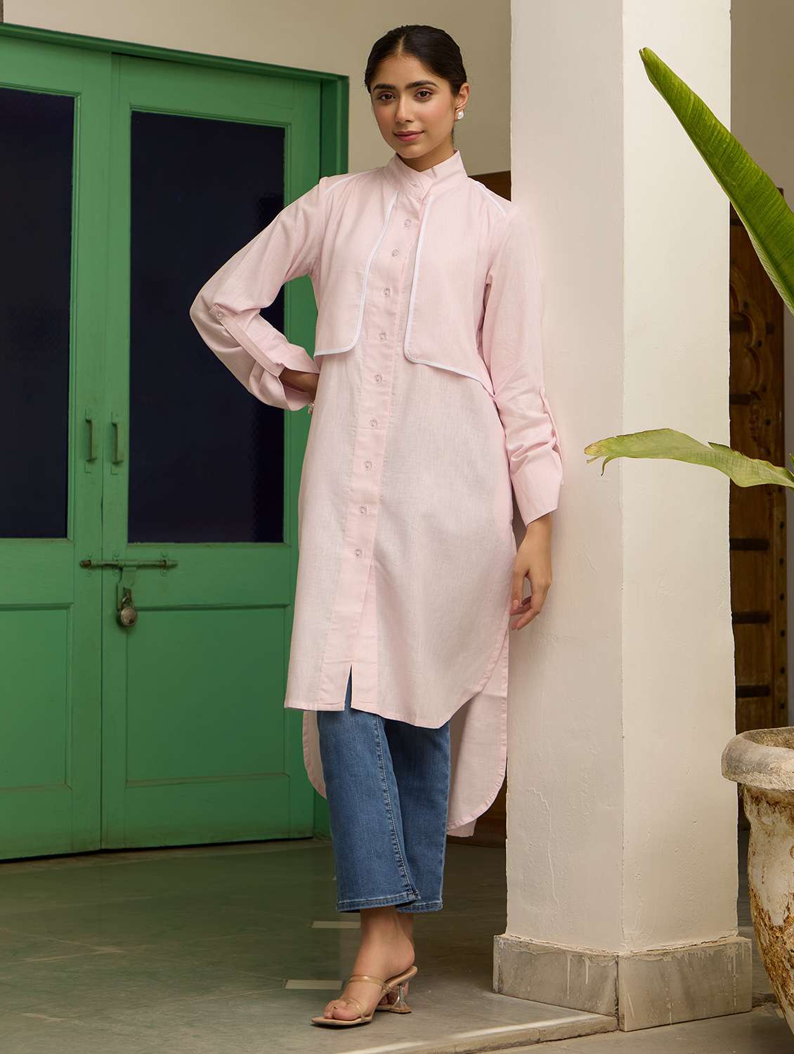 women solid long sleeve high low kurta - 22185096 -  Standard Image - 1