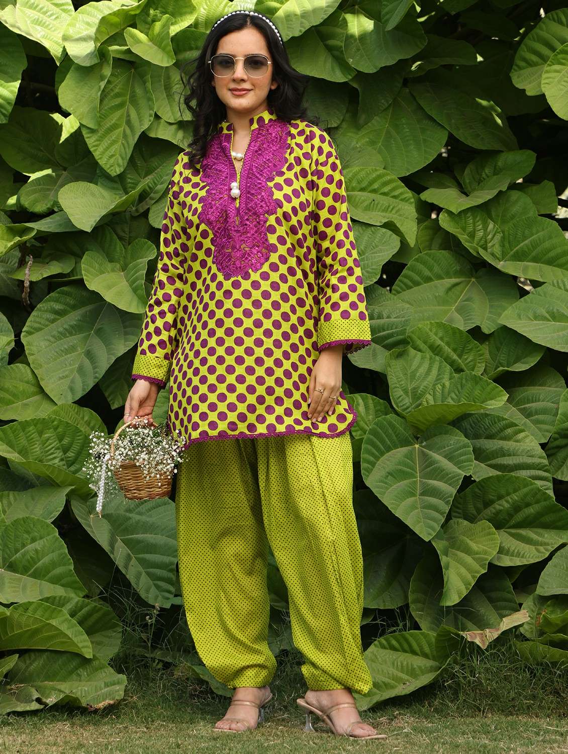 women polka dot printed long sleeve kurta salwar set