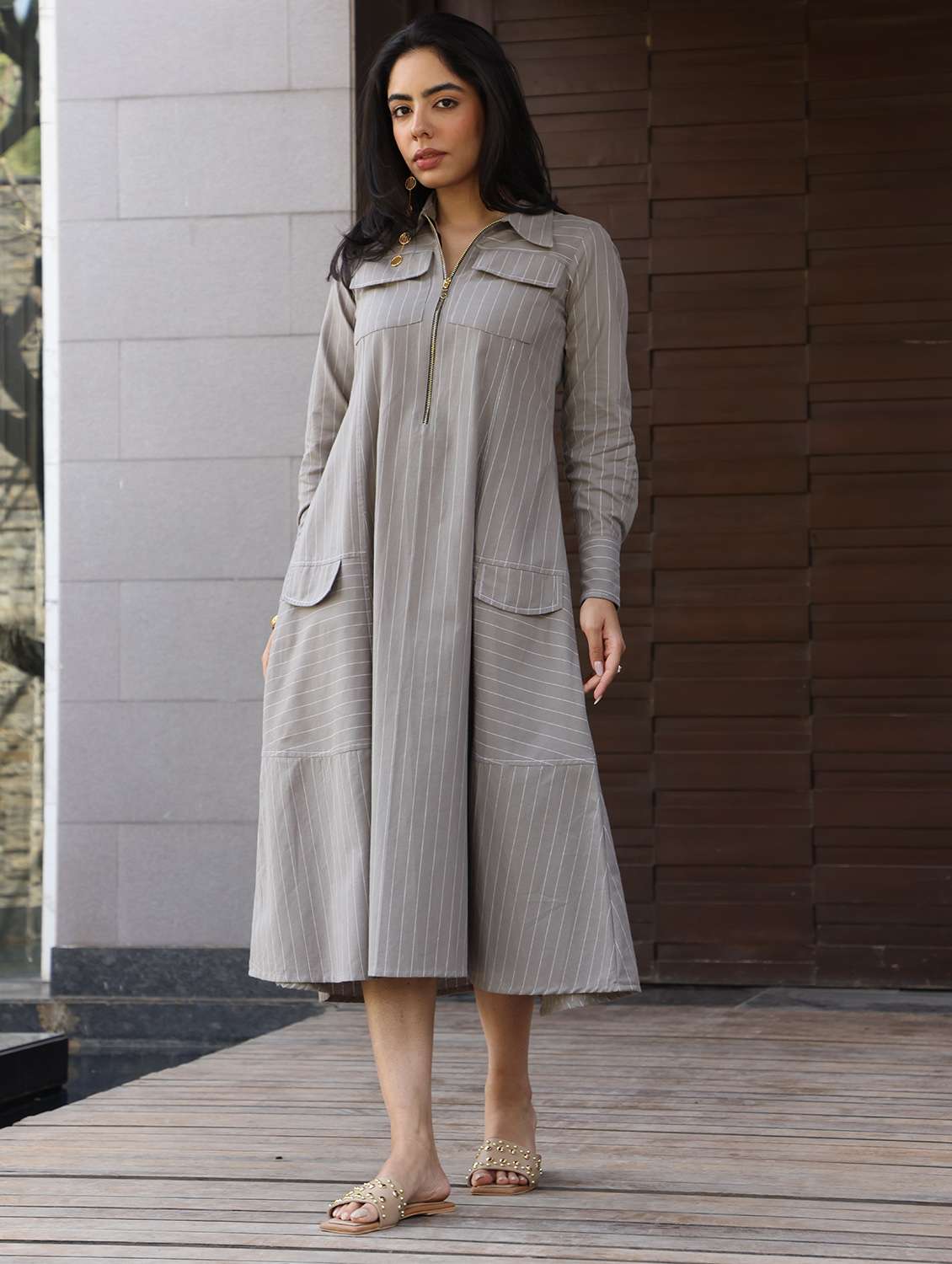 women striped long sleeve a-line dress
