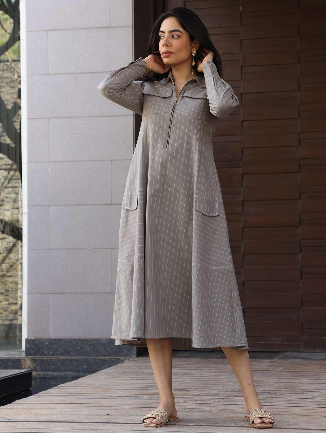 women striped long sleeve a-line dress - 22185105 -  Standard Image - 1