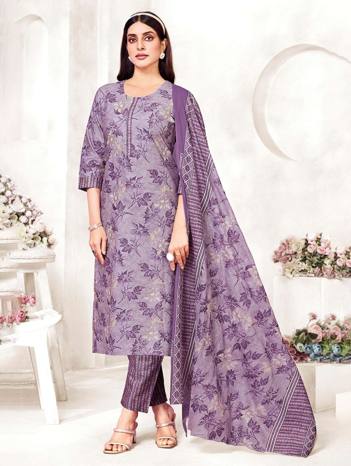 women printed three quarter sleeve kurta pant with dupatta set