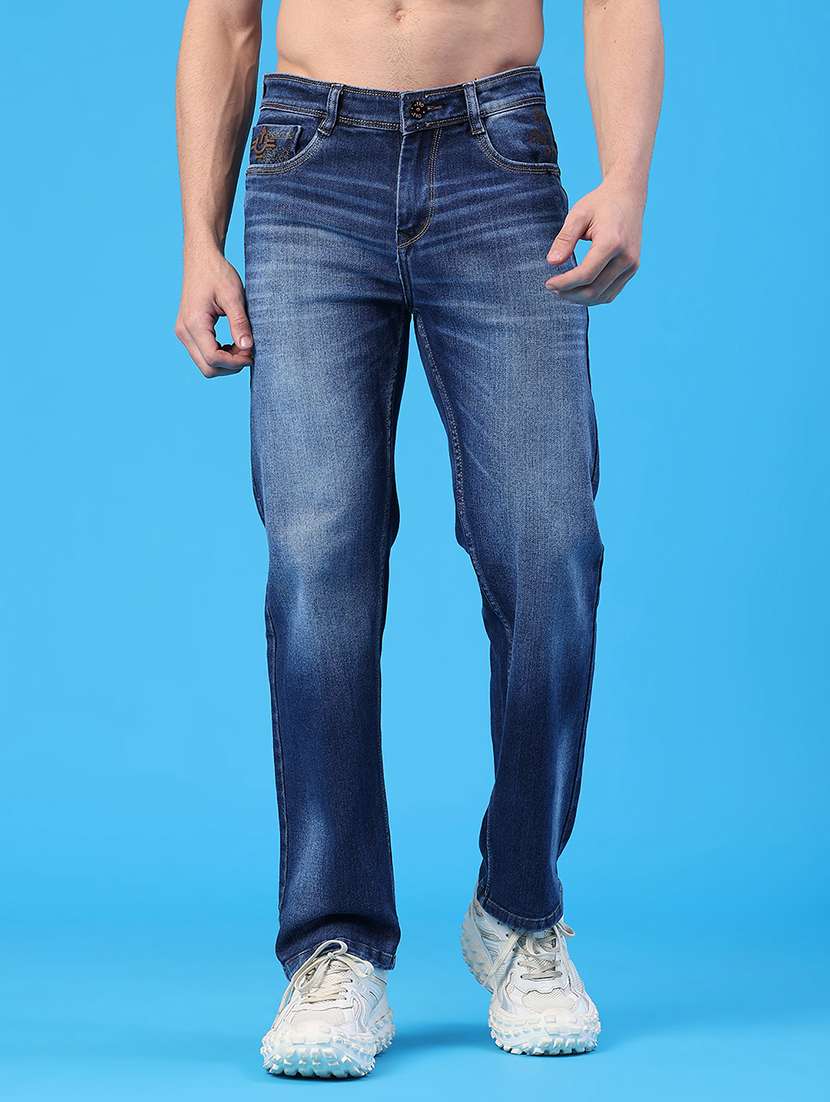 men washed mid rise full length straight fit jeans