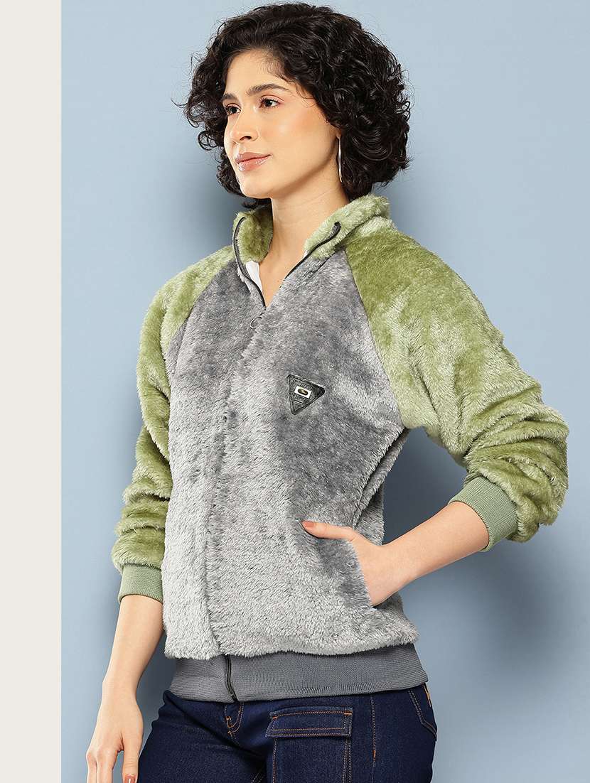 women color blocked long sleeve faux fur jacket - 22186133 -  Standard Image - 1