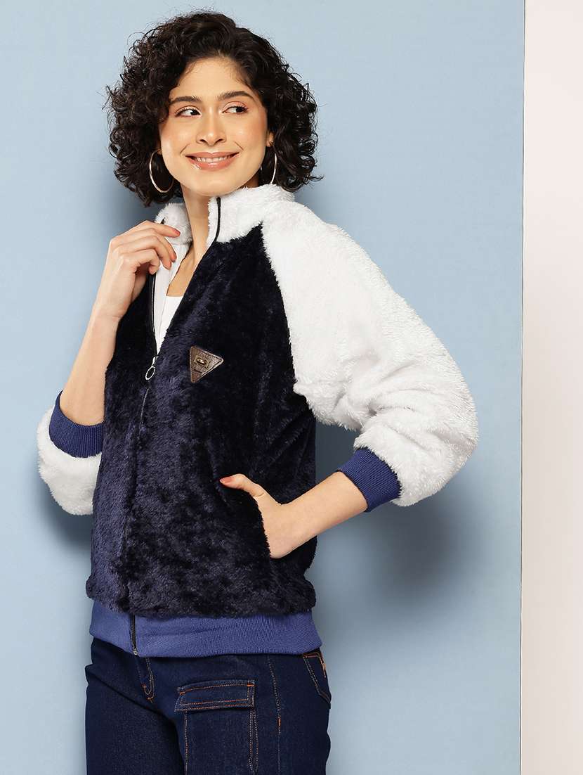 women color blocked long sleeve faux fur jacket - 22186134 -  Standard Image - 1