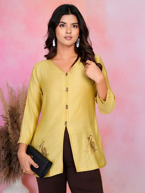 women embroiddred long sleeve front slit tunic - 22186144 -  Standard Image - 1