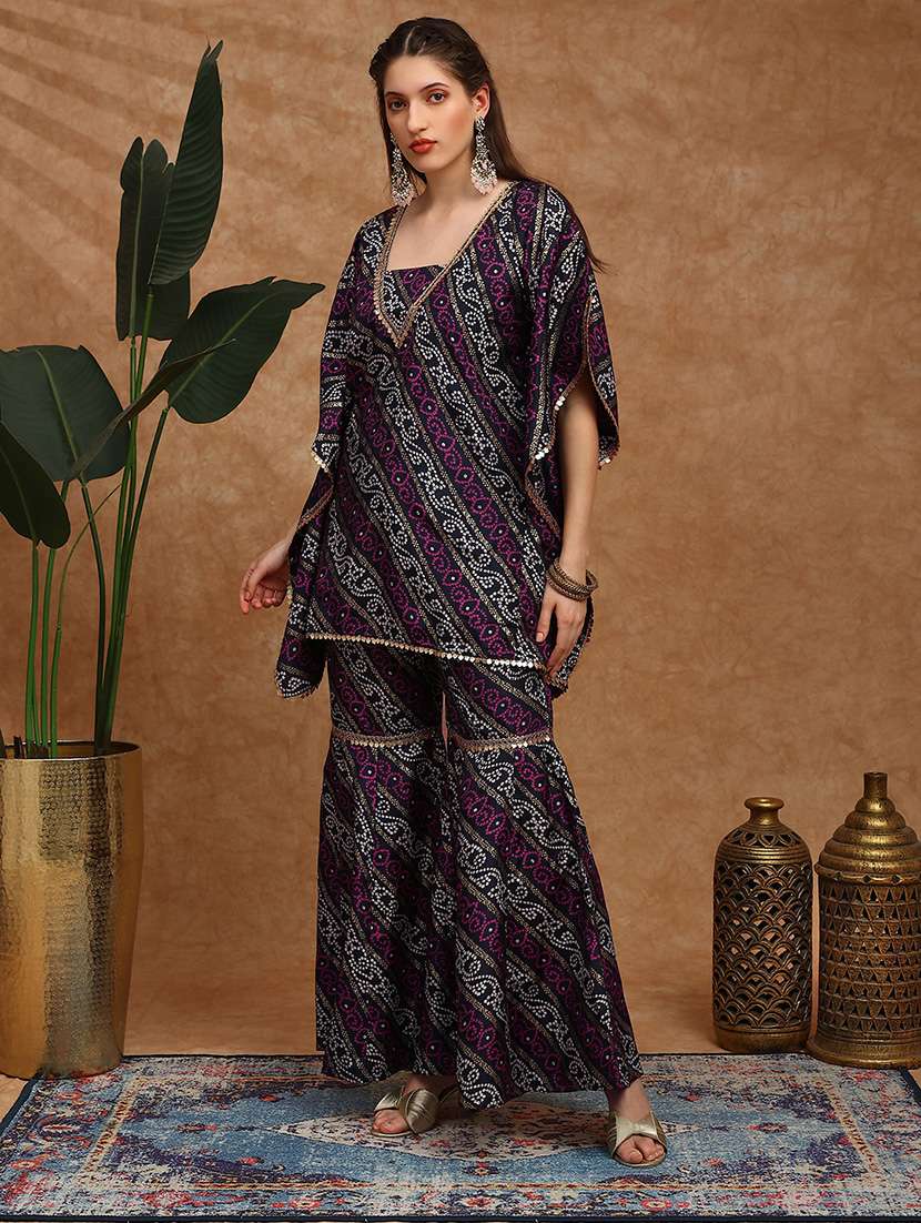 globus women navy blue bandhani ethnic gold foil print v-neck kimono sleeves coin detail tunic & sharara festive co-ord set - 22186167 -  Standard Image - 1