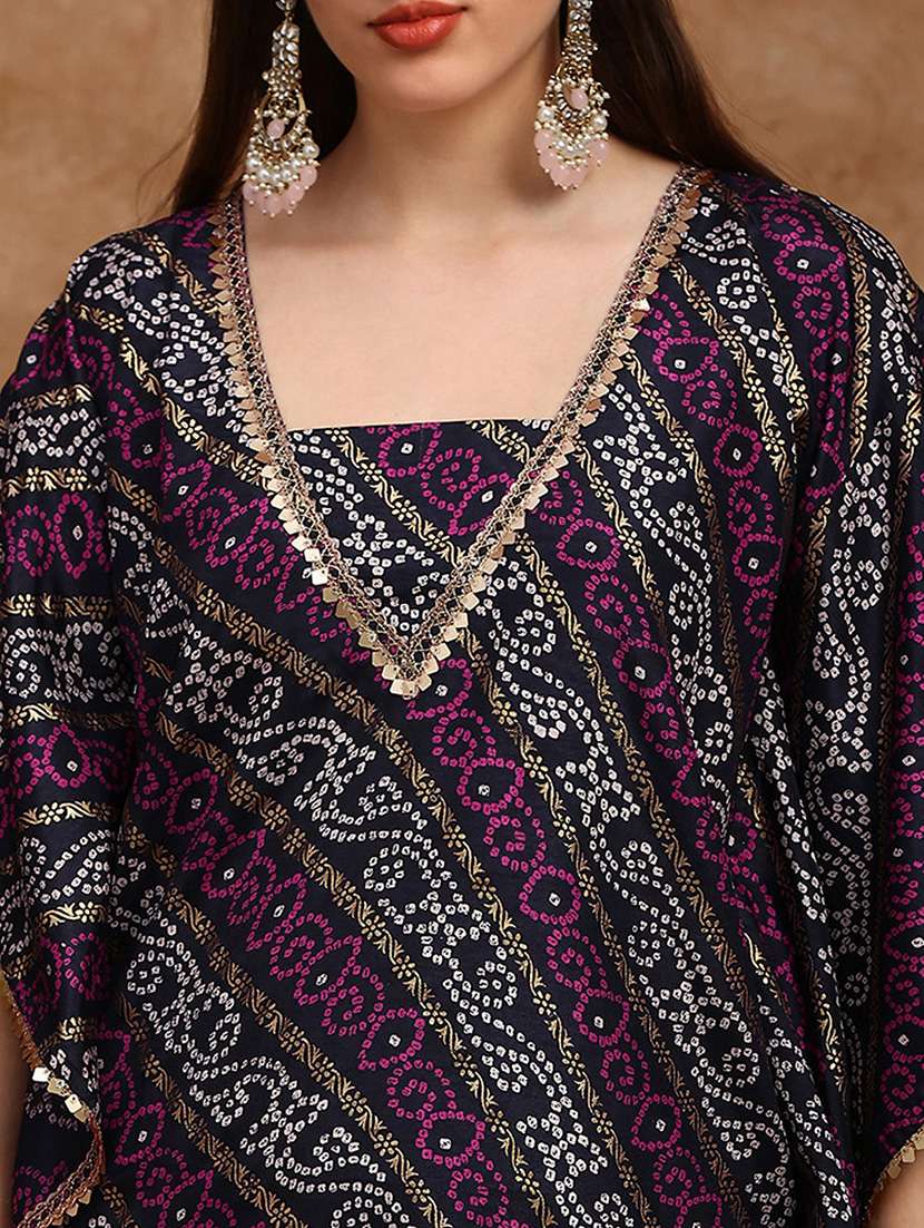 globus women navy blue bandhani ethnic gold foil print v-neck kimono sleeves coin detail tunic & sharara festive co-ord set - 22186167 -  Standard Image - 4