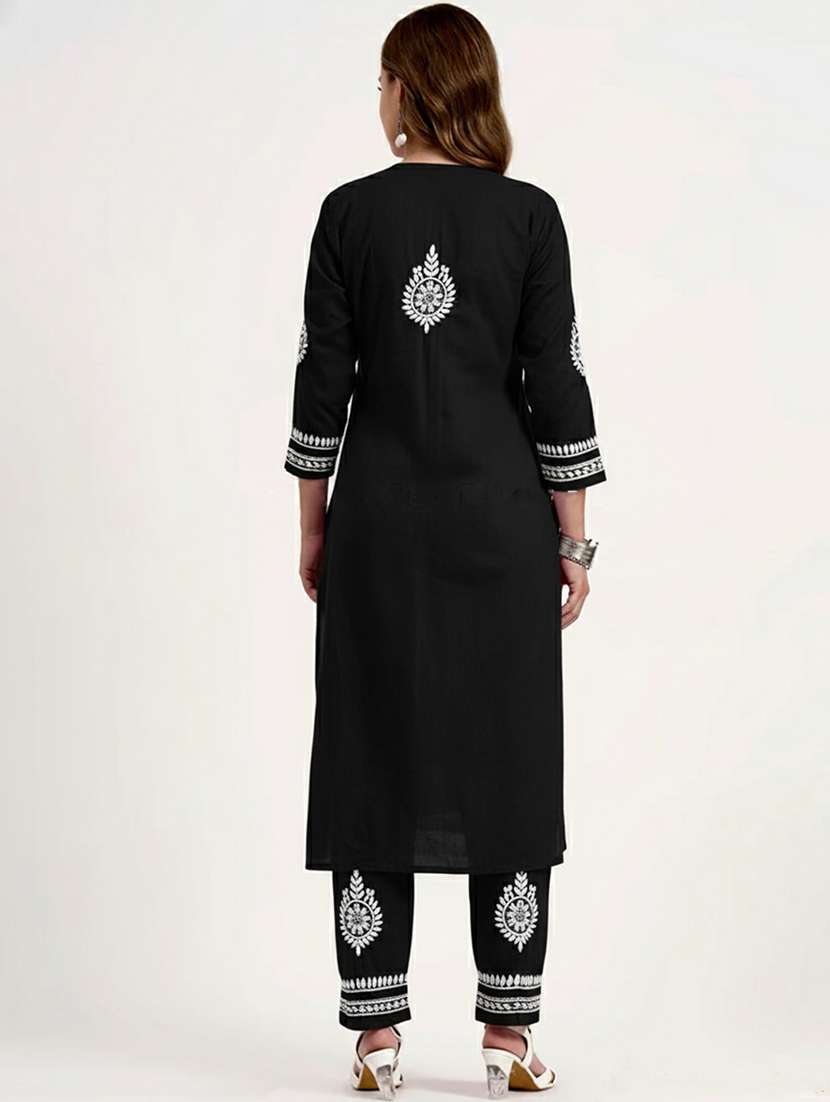 women solid with work three quarter sleeve kurta pant set - 22186302 -  Standard Image - 1
