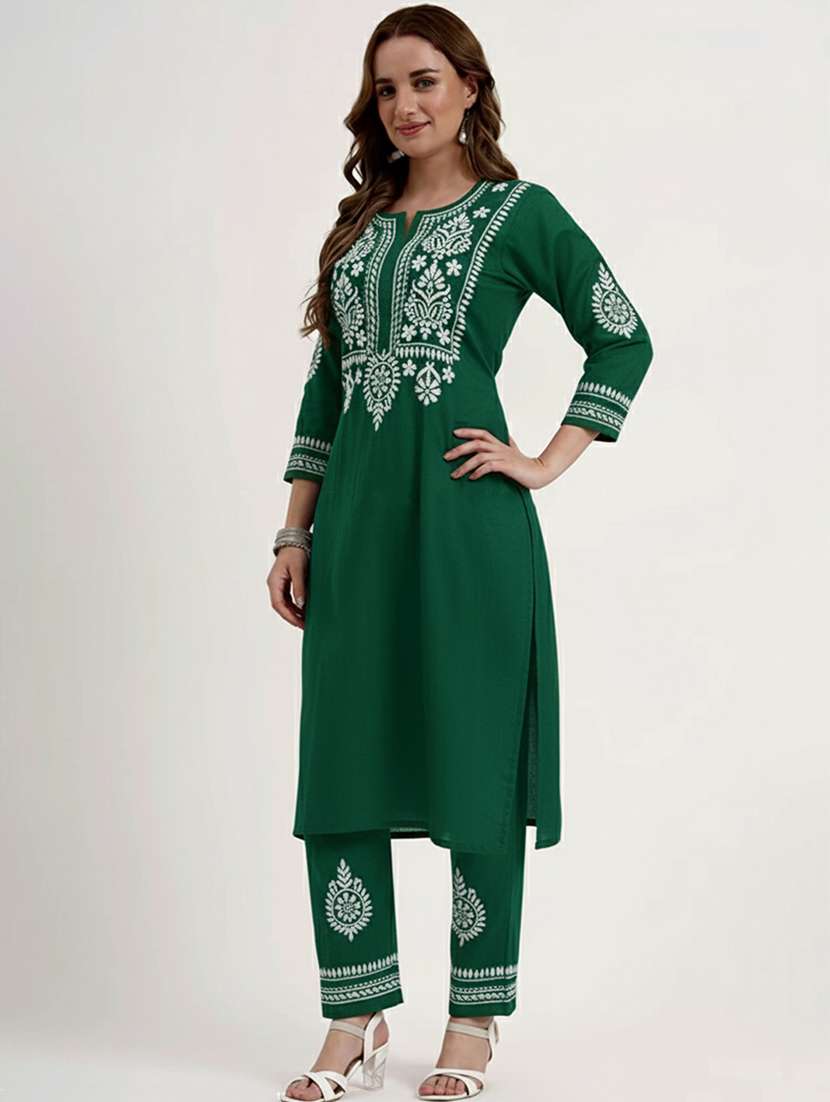 women solid with work three quarter sleeve kurta pant set - 22186303 -  Standard Image - 1
