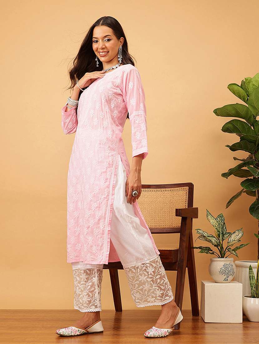 women solid with work long sleeve chikankari straight kurta - 22186315 -  Standard Image - 1