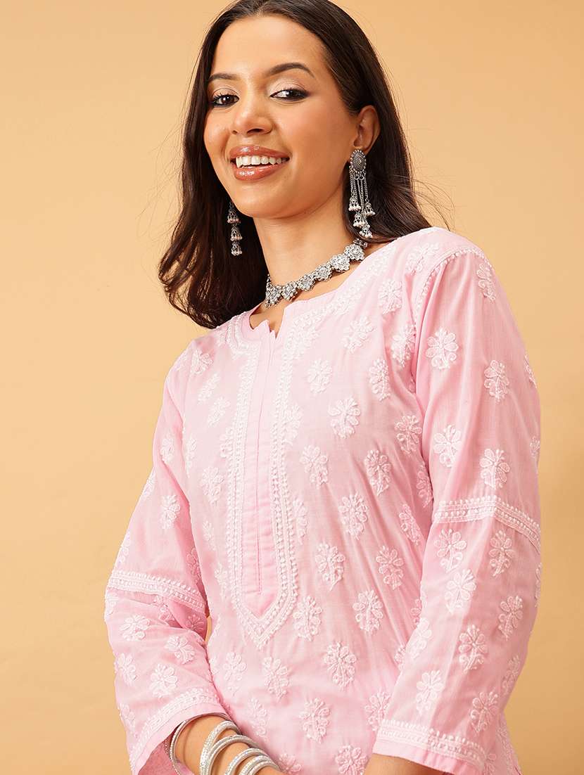 women solid with work long sleeve chikankari straight kurta - 22186315 -  Standard Image - 4