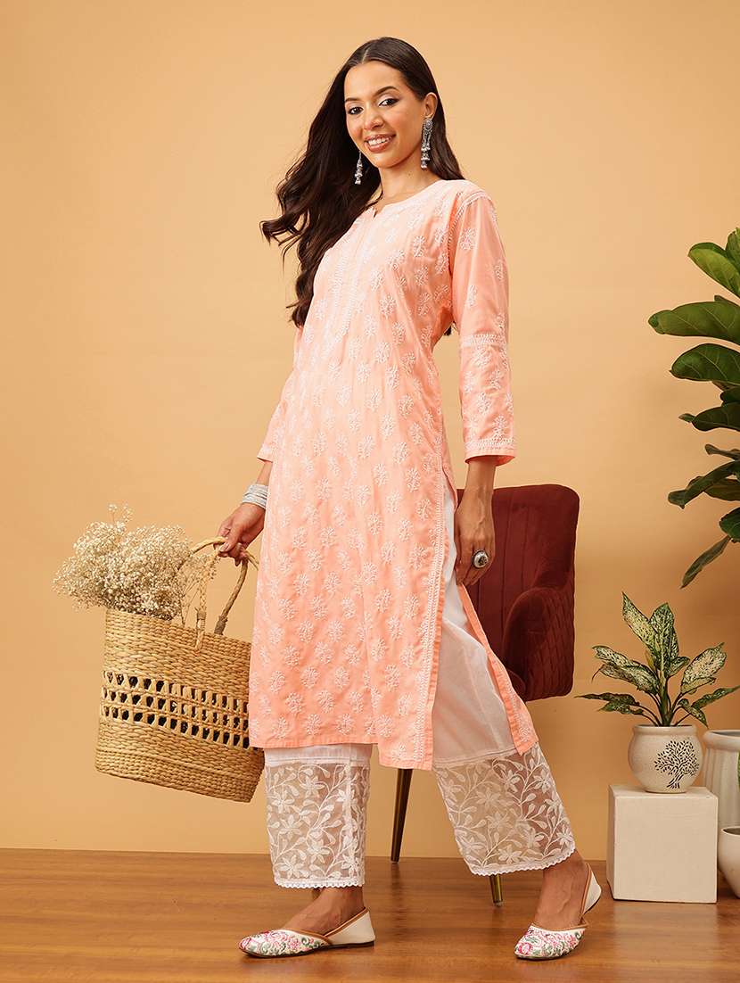 women solid with work long sleeve chikankari straight kurta - 22186316 -  Standard Image - 1