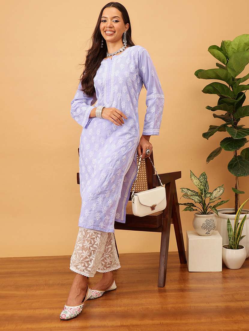 women solid with work long sleeve chikankari straight kurta - 22186317 -  Standard Image - 1