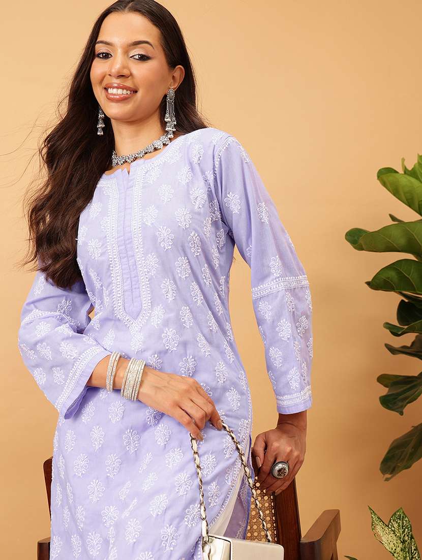 women solid with work long sleeve chikankari straight kurta - 22186317 -  Standard Image - 4
