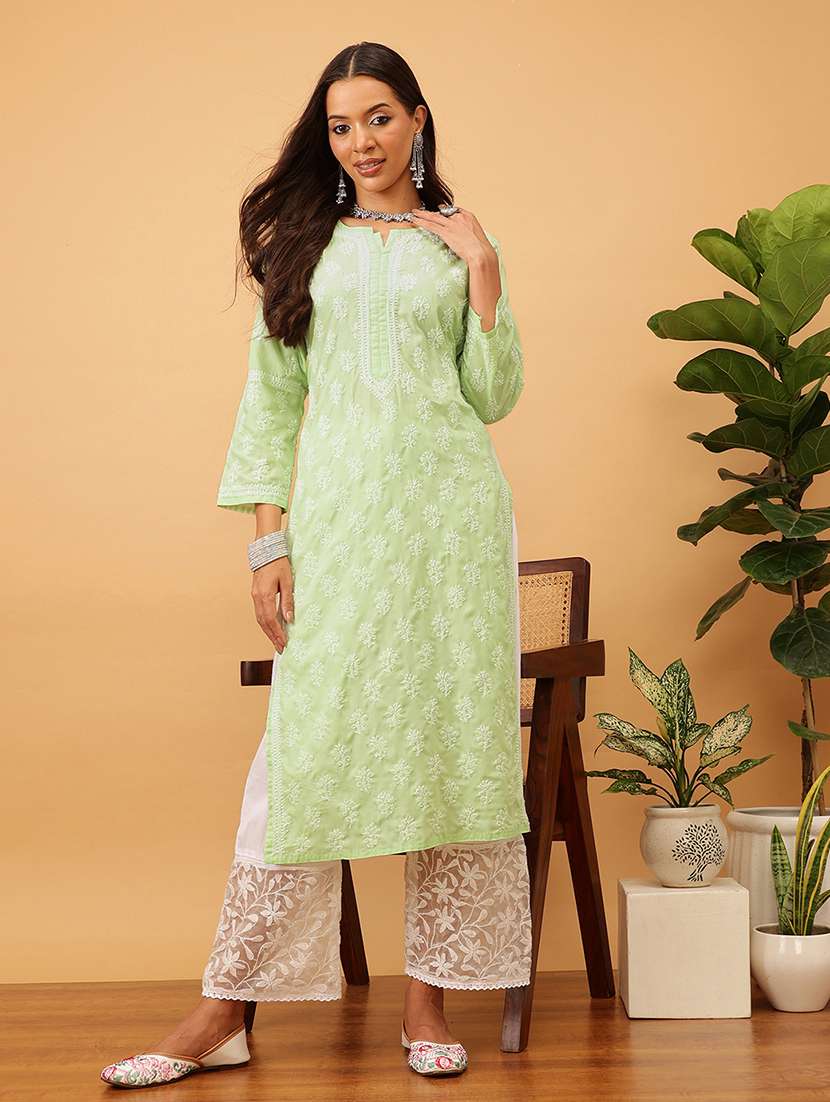 women solid with work long sleeve chikankari straight kurta