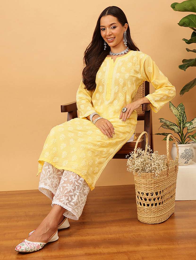 women solid with work long sleeve chikankari straight kurta - 22186321 -  Standard Image - 1