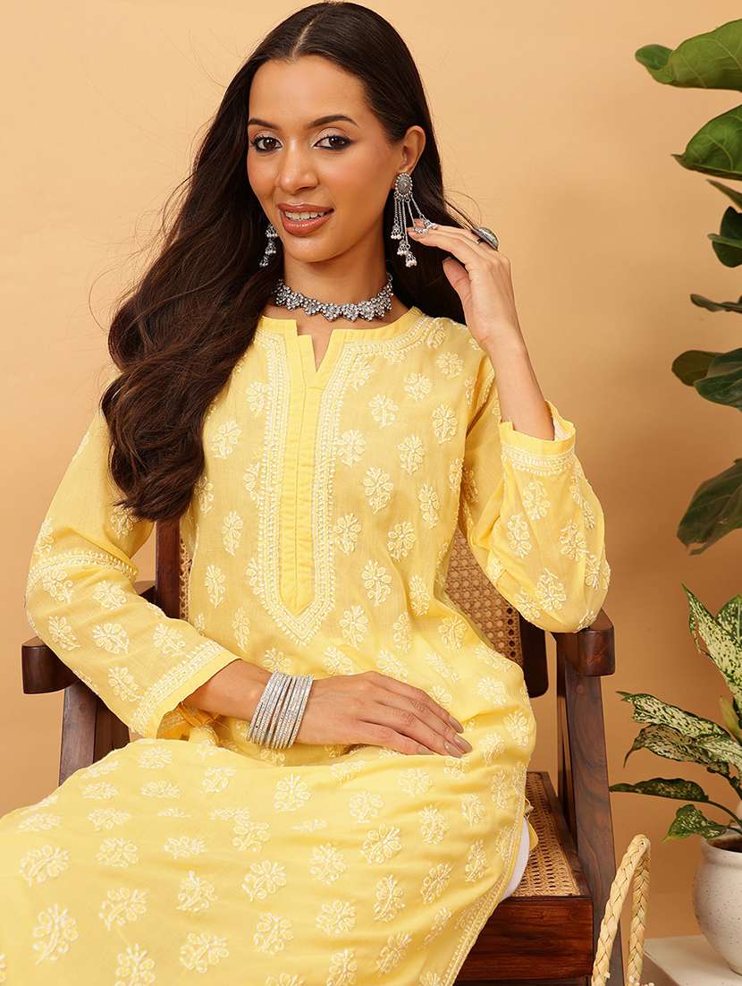 women solid with work long sleeve chikankari straight kurta - 22186321 -  Standard Image - 4