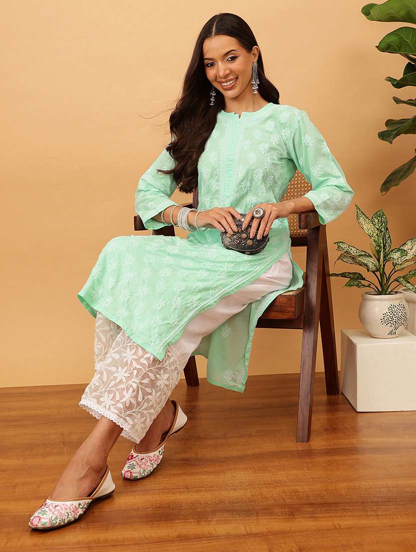 women solid with work long sleeve chikankari straight kurta - 22186322 -  Standard Image - 1