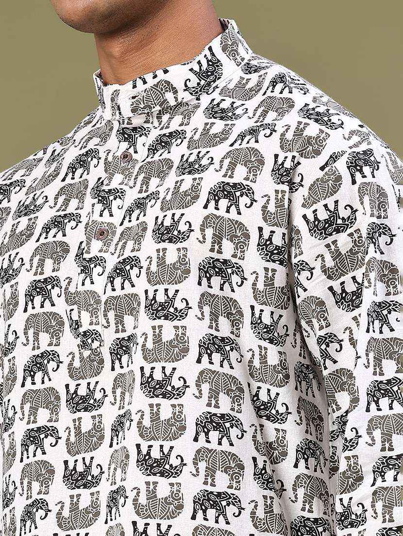 men printed mandarin neck short kurta - 22186649 -  Standard Image - 1