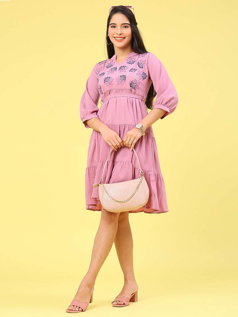 women embroidered three quarter sleeve tiered dress