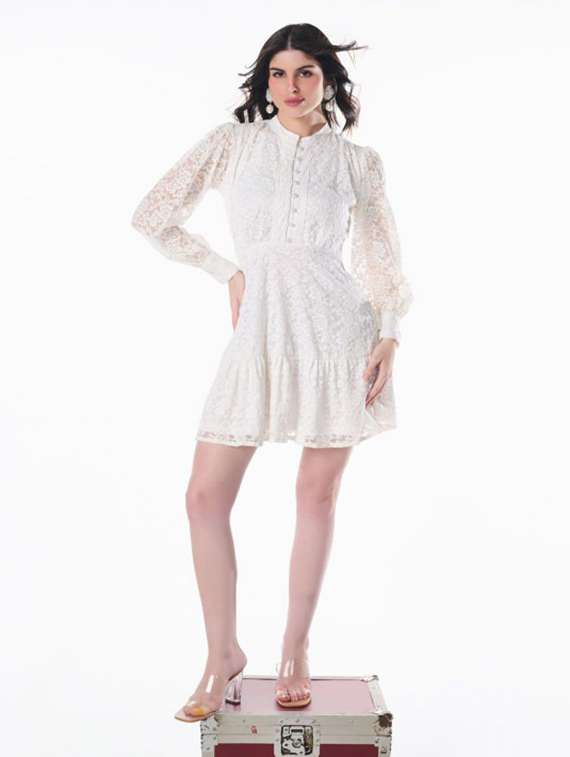 women solid puff sleeve lace tiered dress - 22186933 -  Standard Image - 1