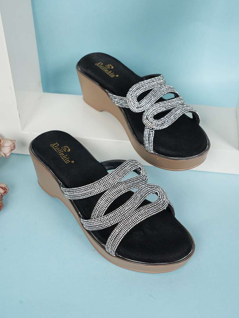 women embellished black slip on wedge