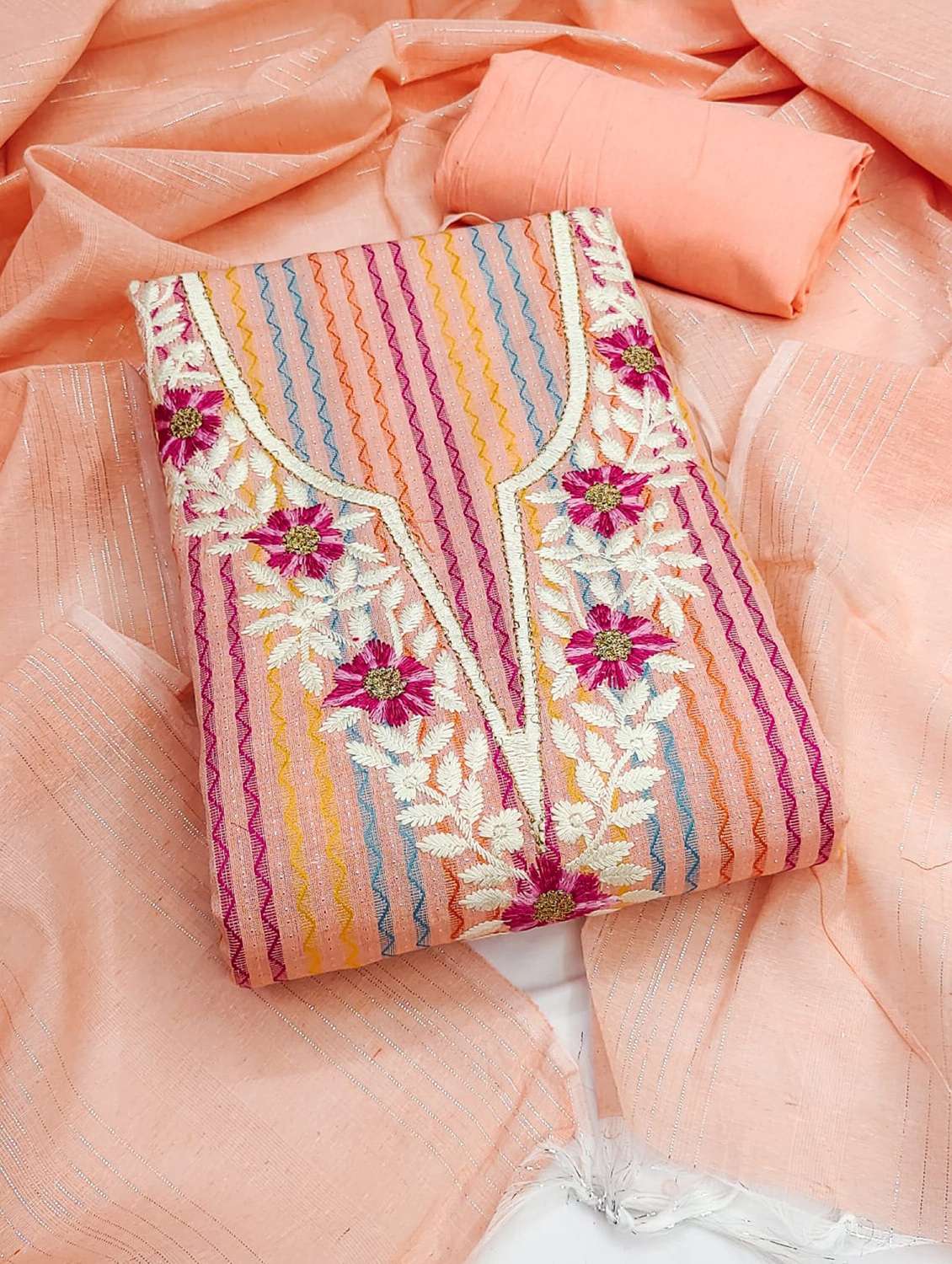 women striped embroidered unstitched suit set - 22187252 -  Standard Image - 1