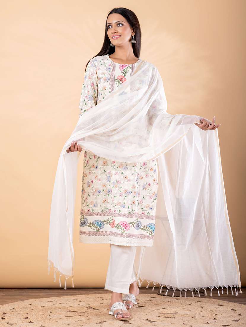 women floral printed three quarter sleeve kurta pant with dupatta set