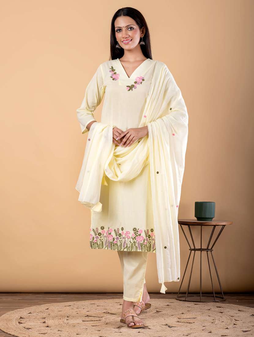 women solid with work three quarter sleeve kurta pant with dupatta set - 22187406 -  Standard Image - 1