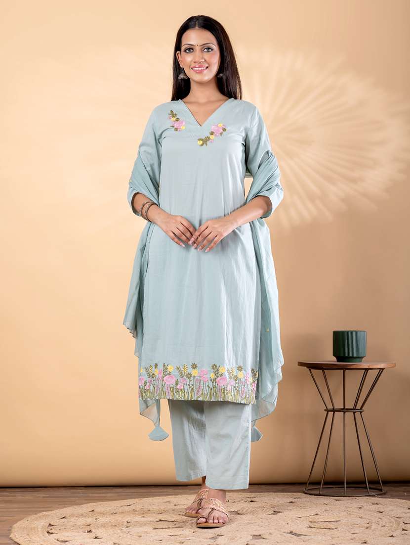 women solid with work three quarter sleeve kurta pant with dupatta set - 22187407 -  Standard Image - 1