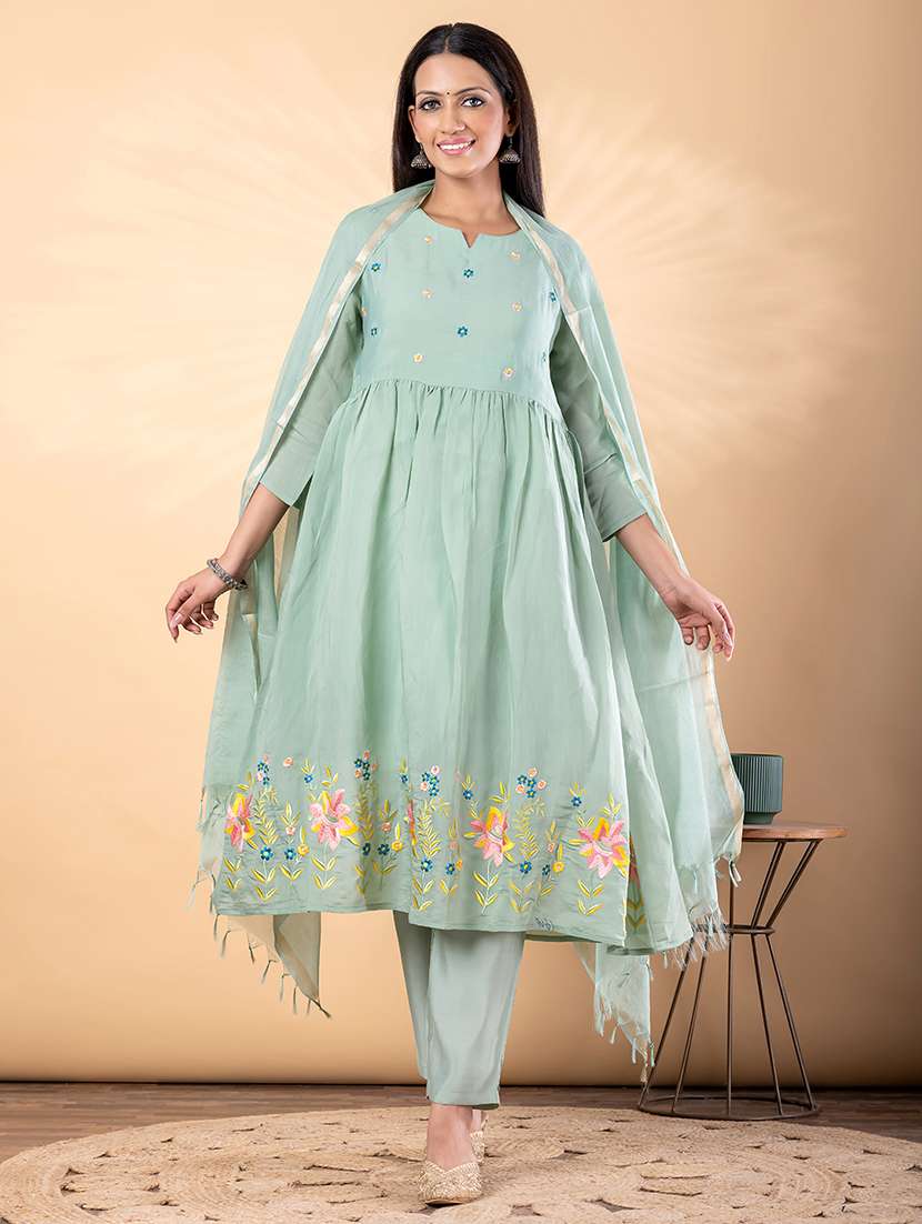 women solid with work three quarter sleeve kurta pant with dupatta set - 22187422 -  Standard Image - 1
