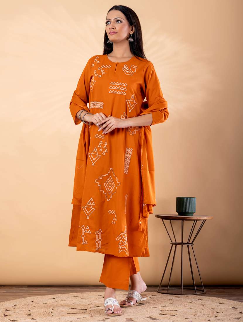 women solid with work three quarter sleeve kurta pant with dupatta set - 22187424 -  Standard Image - 1