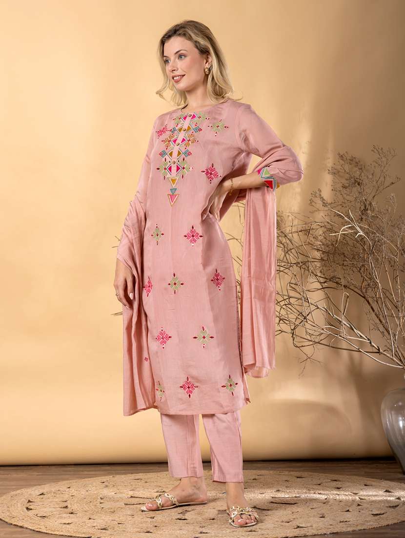 women solid with work three quarter sleeve kurta pant with dupatta set - 22187441 -  Standard Image - 1