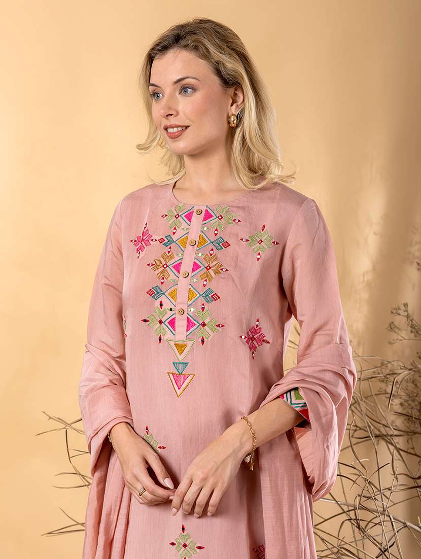 women solid with work three quarter sleeve kurta pant with dupatta set - 22187441 -  Standard Image - 4