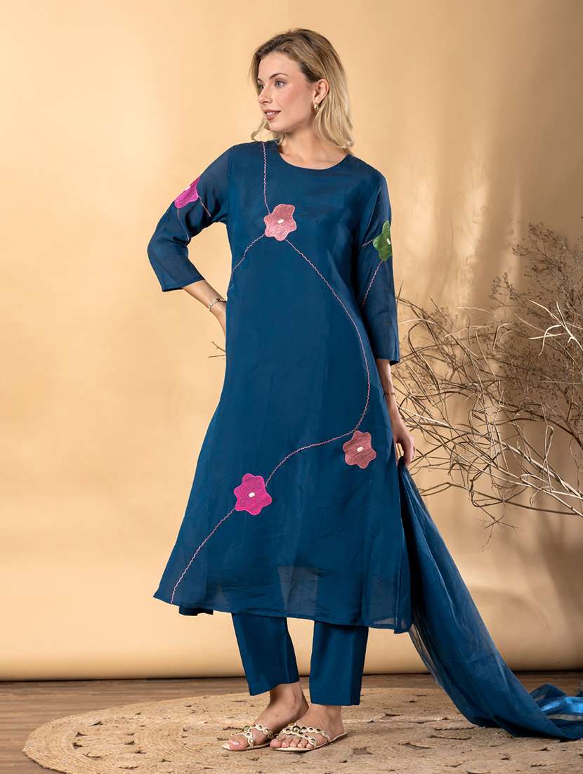 women solid with work three quarter sleeve kurta pant with dupatta set - 22187444 -  Standard Image - 1
