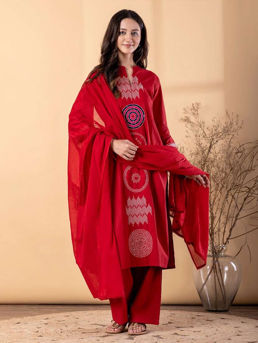 women solid with work three quarter sleeve kurta palazzo with dupatta set - 22187452 -  Standard Image - 1