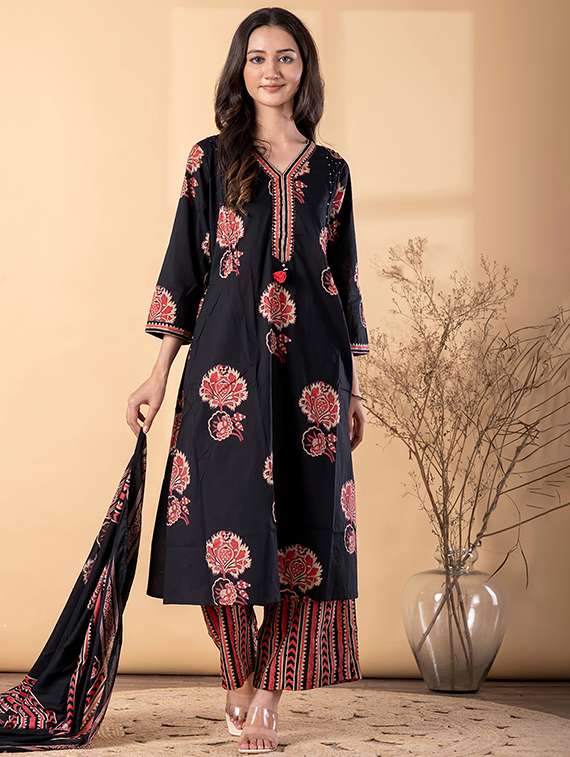 women floral three quarter sleeve kurta palazzo with dupatta set - 22187454 -  Standard Image - 1