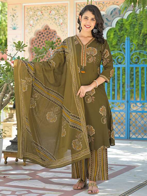 women floral three quarter sleeve kurta palazzo with dupatta set - 22187455 -  Standard Image - 1