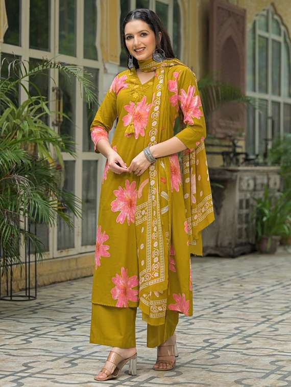 women floral three quarter sleeve kurta palazzo with dupatta set - 22187456 -  Standard Image - 1