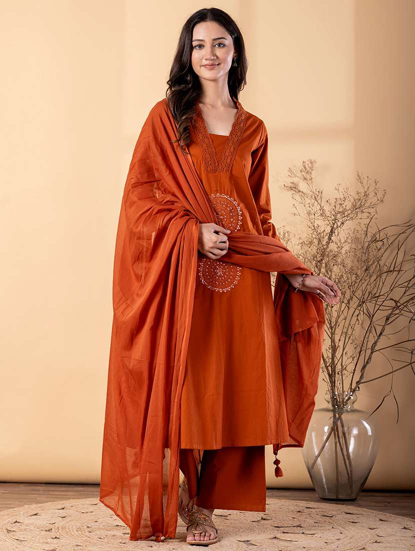 women solid with work three quarter sleeve kurta palazzo with dupatta set - 22187459 -  Standard Image - 1