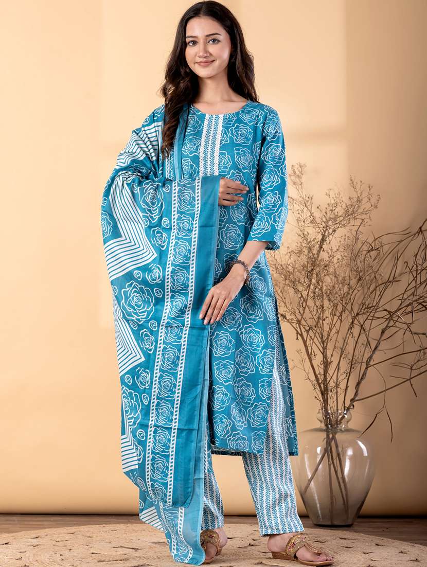 women floral three quarter sleeve kurta pant with dupatta set - 22187462 -  Standard Image - 1
