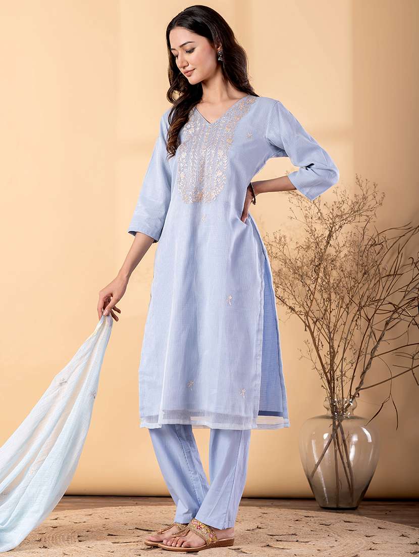 women solid with work three quarter sleeve kurta pant with dupatta set - 22187464 -  Standard Image - 1