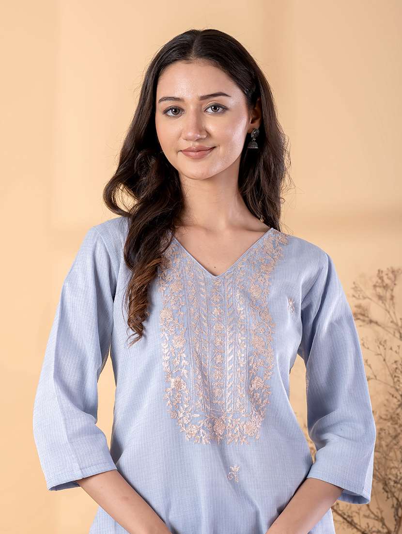 women solid with work three quarter sleeve kurta pant with dupatta set - 22187464 -  Standard Image - 4