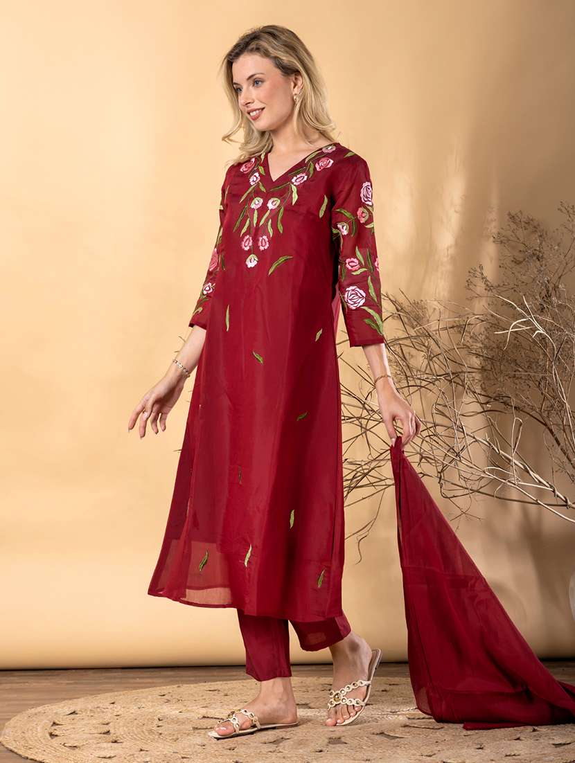 women solid with work three quarter sleeve kurta pant with dupatta set - 22187465 -  Standard Image - 1